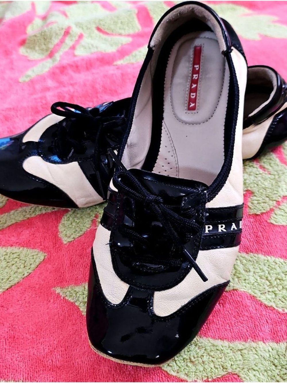 Prada Black and Cream Patent Leather Lace-Up Sneakers
